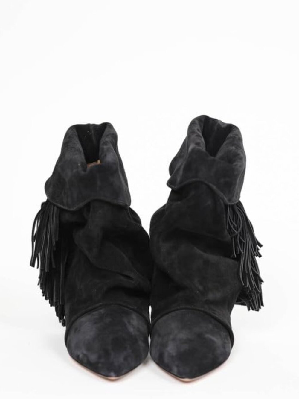 Women's Tassel Black Suede Pointed Toe Slouchy Fold Over Casual Ankle Boots